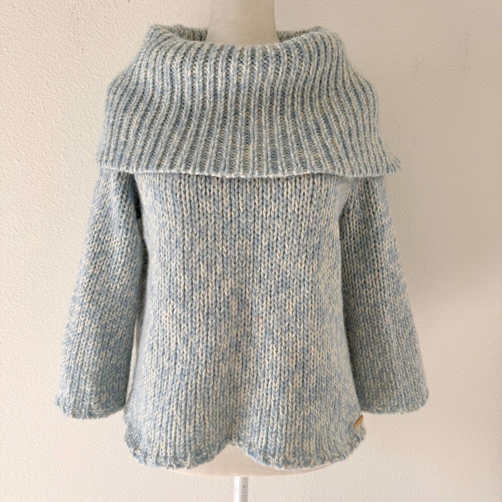 Pastel Blue Knitted Boxy Cowl Neck Sweater 3/4 Sleeves Cottage Cabin Core PL